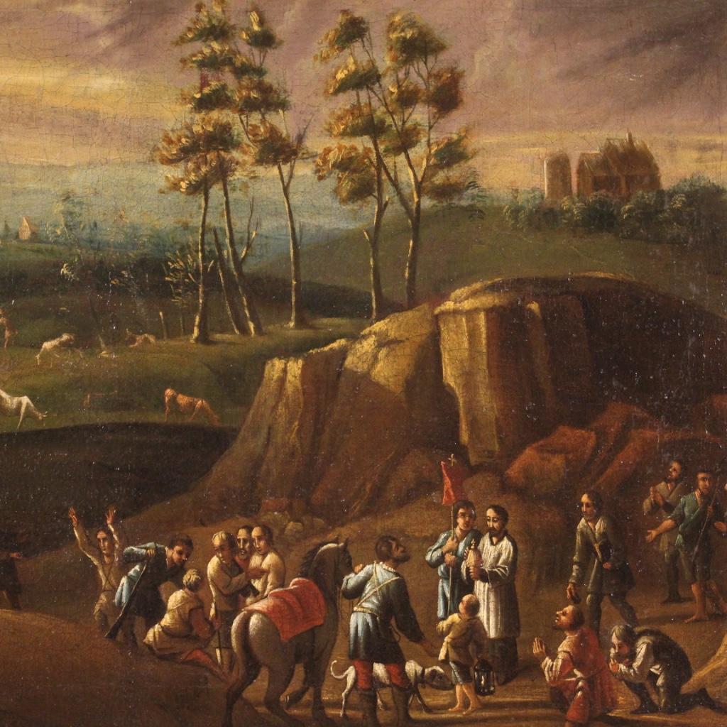 Mid-18th Century 18th Century Oil on Canvas Italian Painting Landscape with Wayfarers, 1750 For Sale