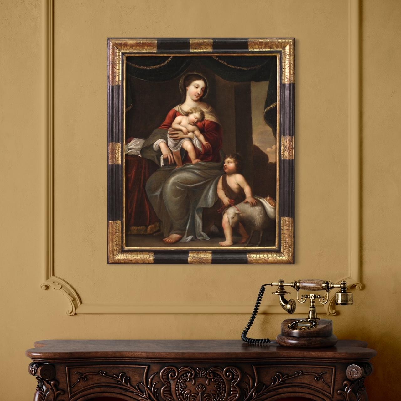 huile sur toile du XVIIIe siècle Peinture italienne Madone à l'enfant et Saint Jean en vente 7
