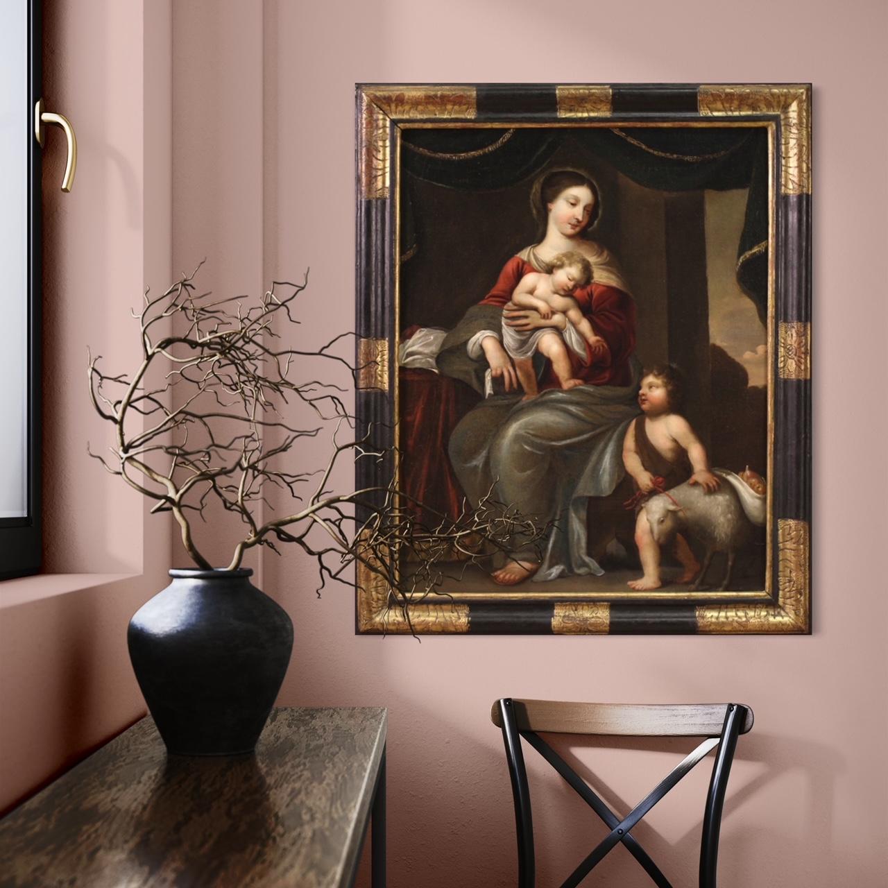 18th Century Oil on Canvas Italian Painting Madonna with child and Saint John For Sale 10