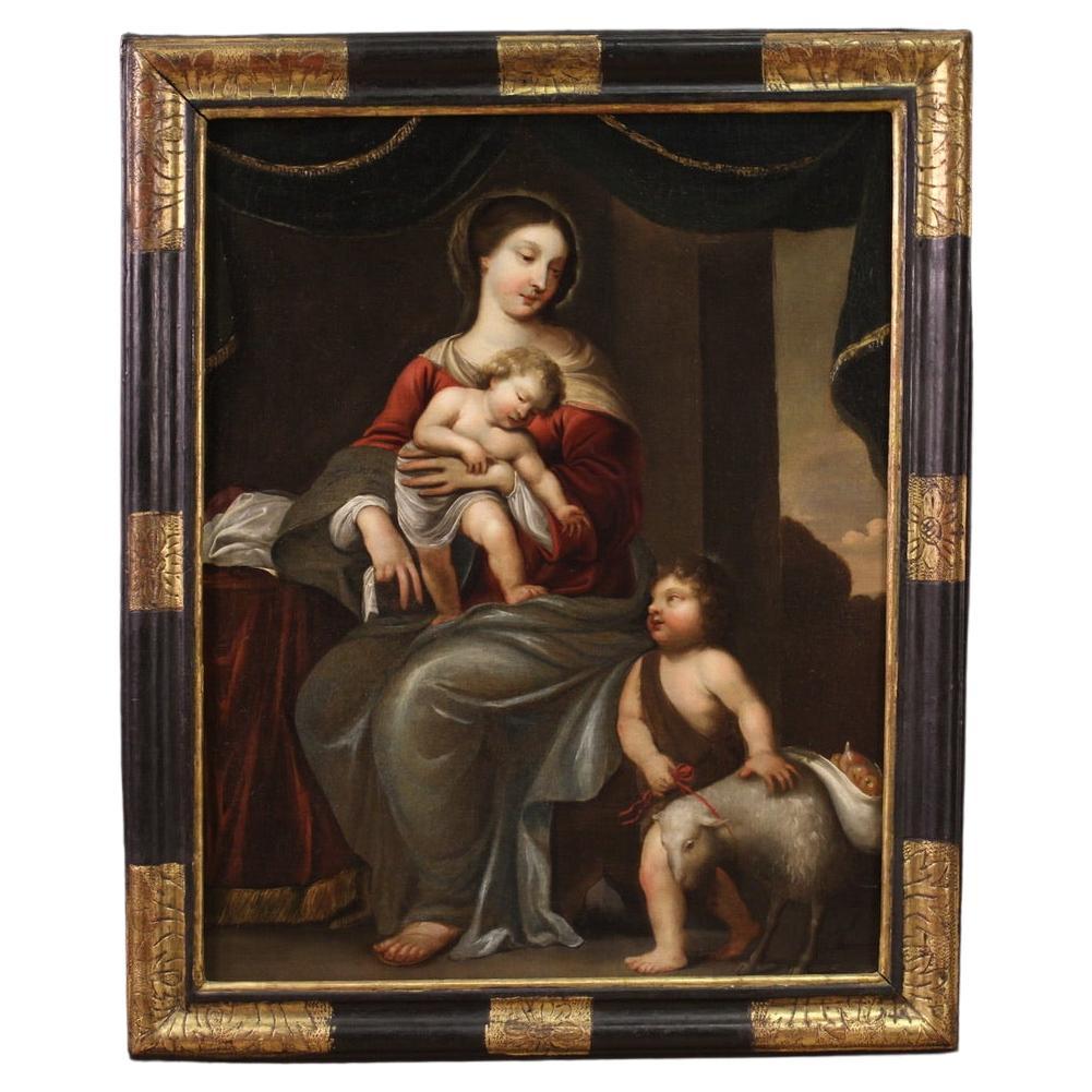 18th Century Oil on Canvas Italian Painting Madonna with child and Saint John