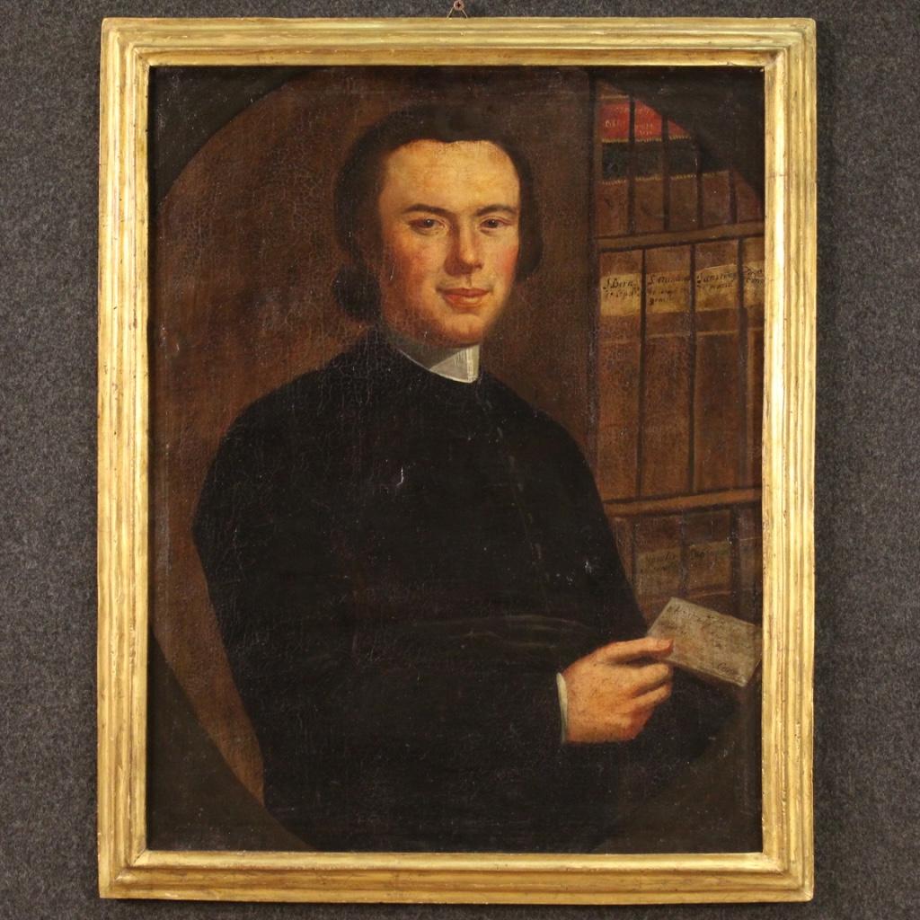Ancient Italian painting from the second half of the 18th century. Framework oil on canvas depicting a portrait of a young clergyman of discreet pictorial quality. Painting that has undergone an intense conservative restoration and color recovery