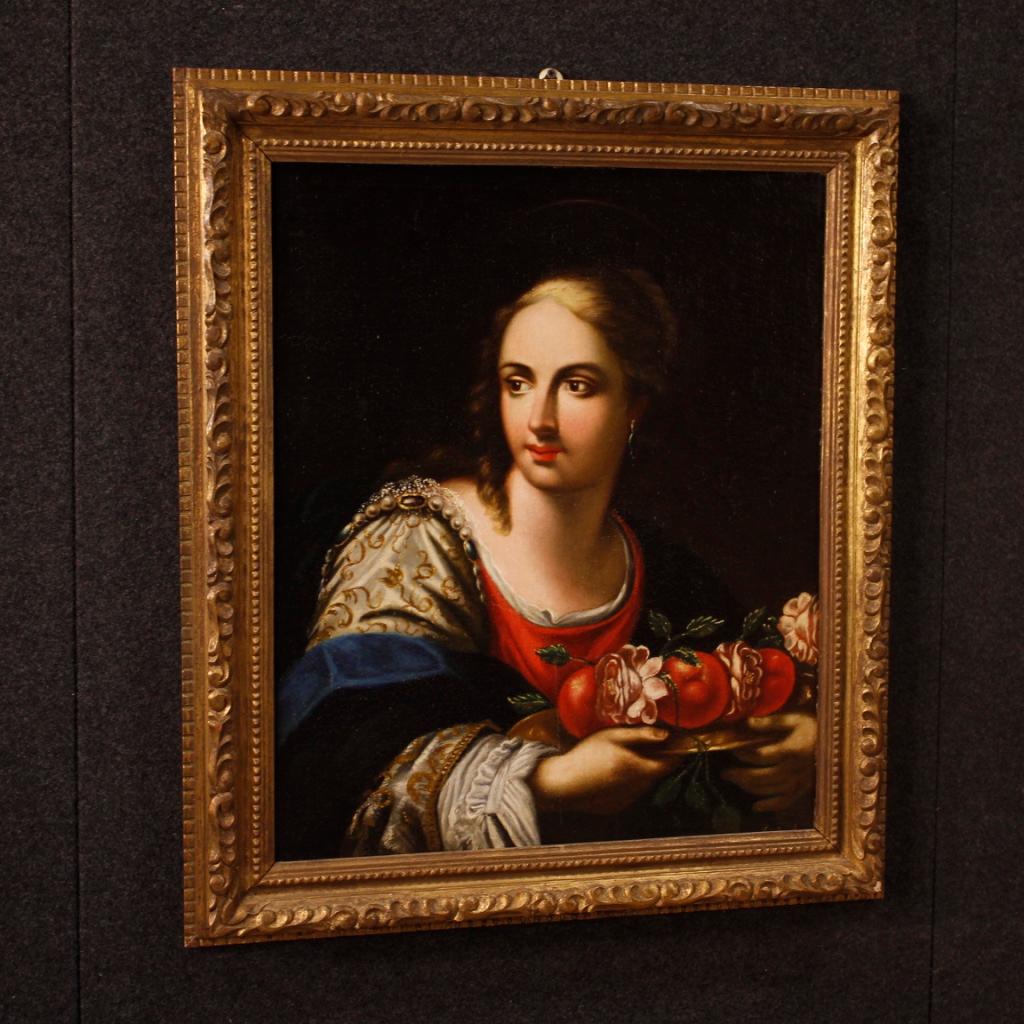 18th Century Oil on Canvas Italian Painting Portrait of Young Lady with Fruits 6
