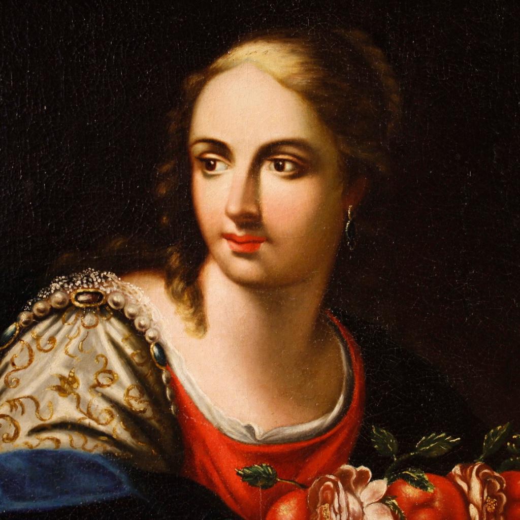 18th Century Oil on Canvas Italian Painting Portrait of Young Lady with Fruits (Italienisch)