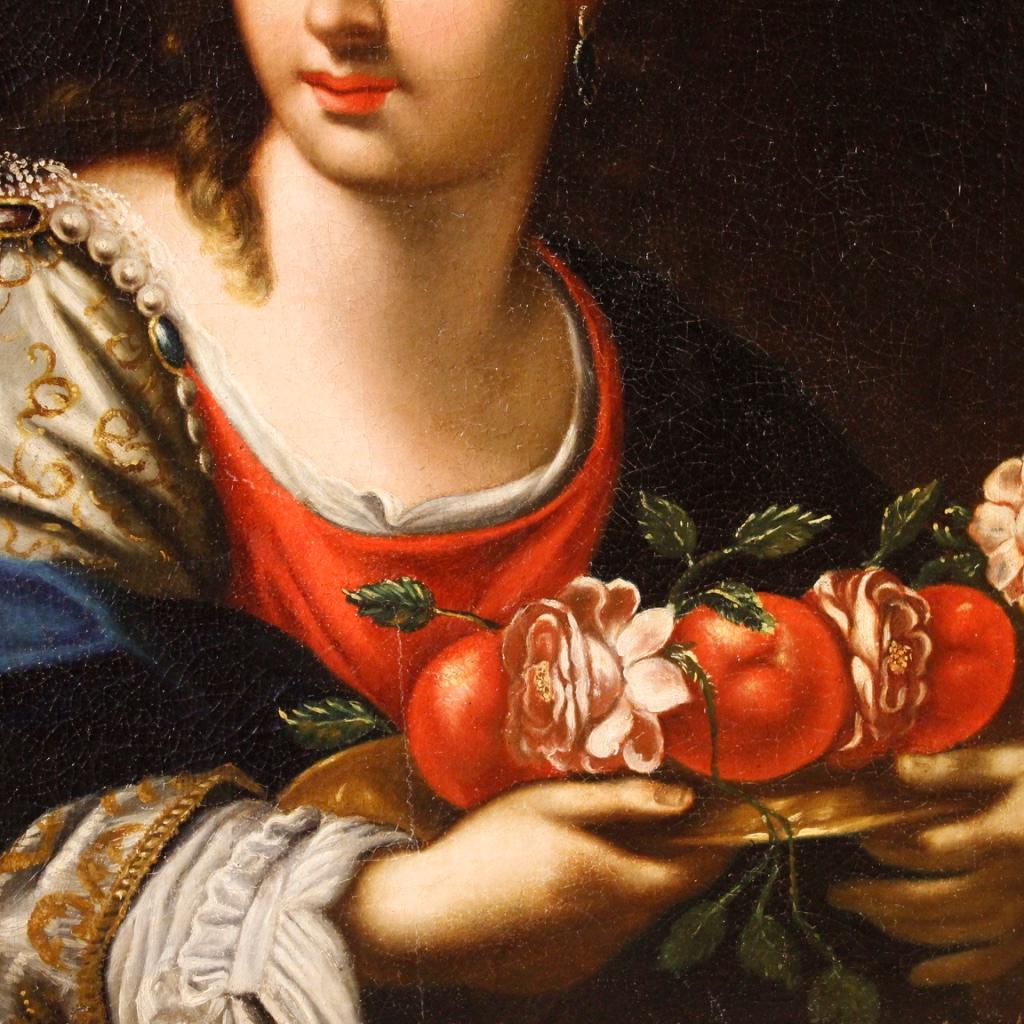 18th Century Oil on Canvas Italian Painting Portrait of Young Lady with Fruits In Good Condition In Vicoforte, Piedmont
