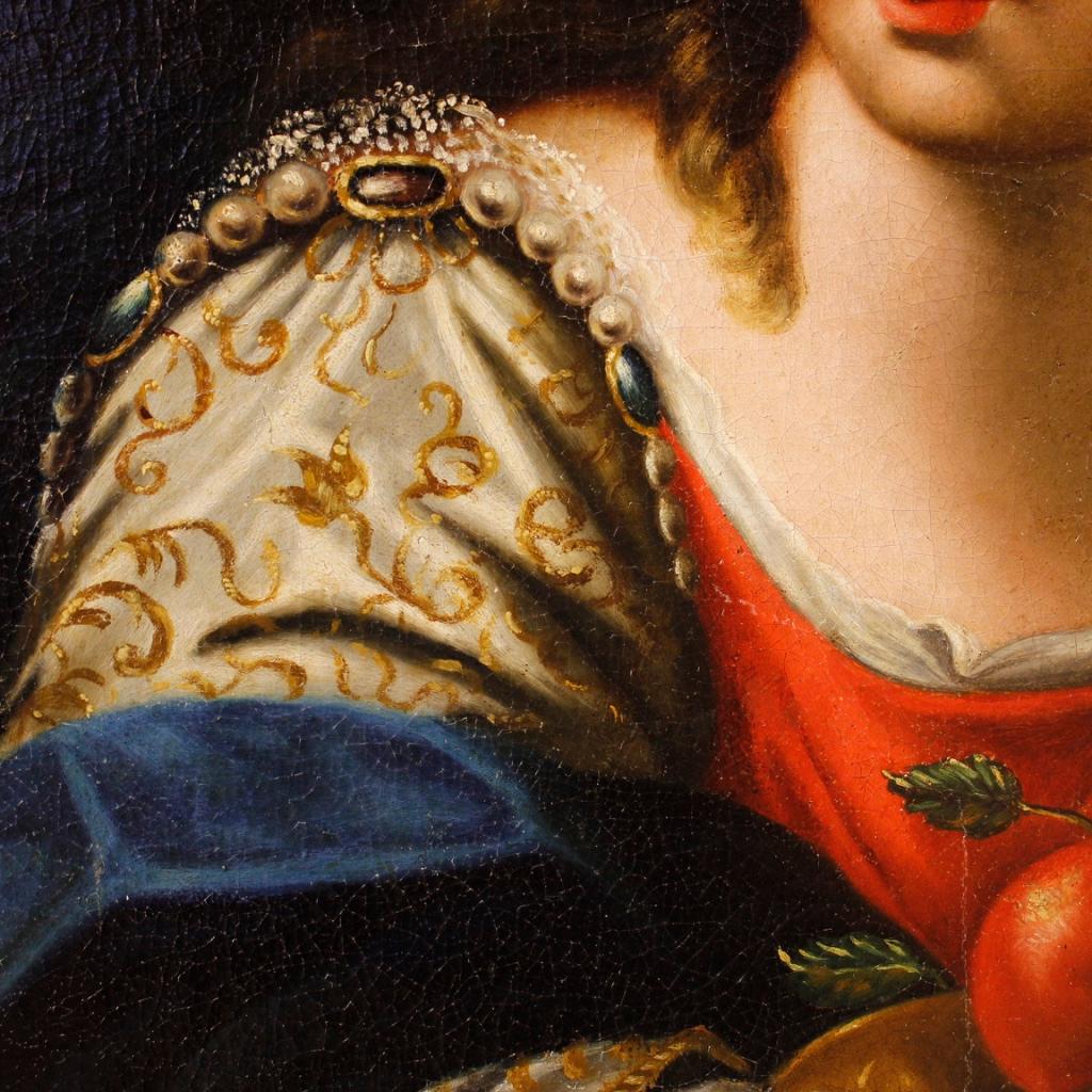 18th Century Oil on Canvas Italian Painting Portrait of Young Lady with Fruits 3