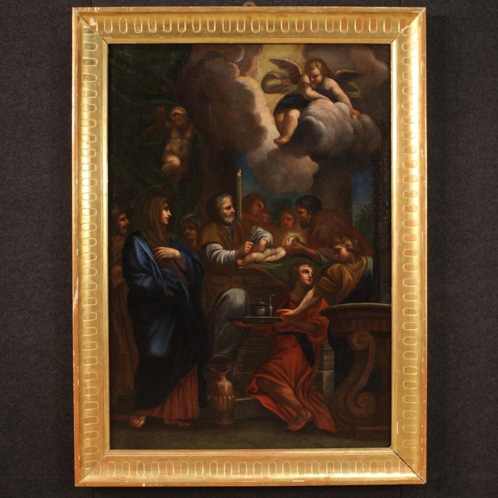 Antique Italian painting from 18th century. Framework oil on canvas depicting a religious subject Presentation of Jesus in the temple of good pictorial quality. Wooden frame from 20th century chiseled and gilded of beautiful decoration with some