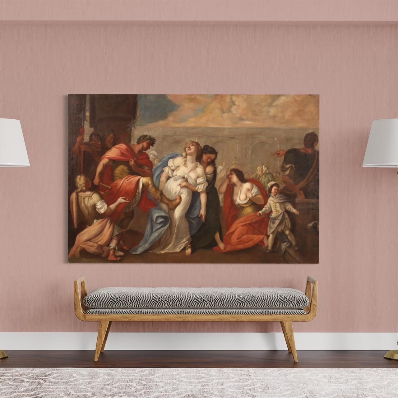 Antikes italienisches Gemälde aus dem 18. Jahrhundert. Kunstwerk in Öl auf Leinwand, das den Tod von Poppea darstellt. Die Legende besagt, dass Kaiser Nero seine Frau nach einem heftigen Streit mit einem Tritt in den Unterleib getötet hat. Poppäa