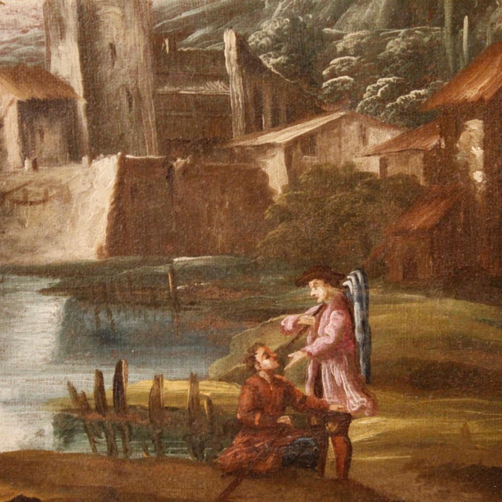 18th Century Oil on Canvas Italian Pair of Paintings Landscapes with Characters 7