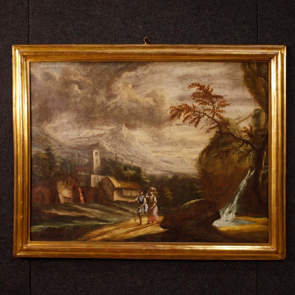 Pair of 18th century Italian paintings. Frameworks oil on canvas, already restored, depicting landscapes with characters and ruins of good pictorial quality. Beautiful paintings of pleasant decor with carved and gilded wooden frames, not Coeval.