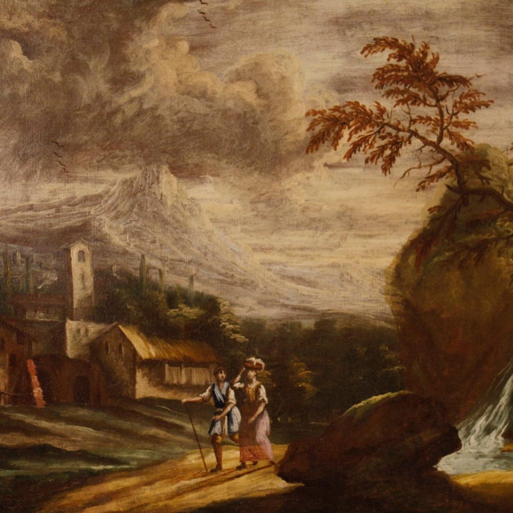 Gilt 18th Century Oil on Canvas Italian Pair of Paintings Landscapes with Characters