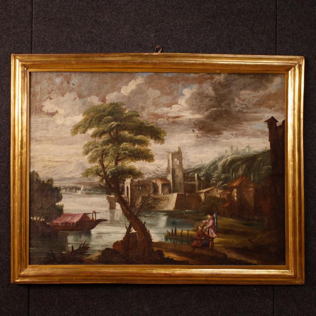 18th Century Oil on Canvas Italian Pair of Paintings Landscapes with Characters 4