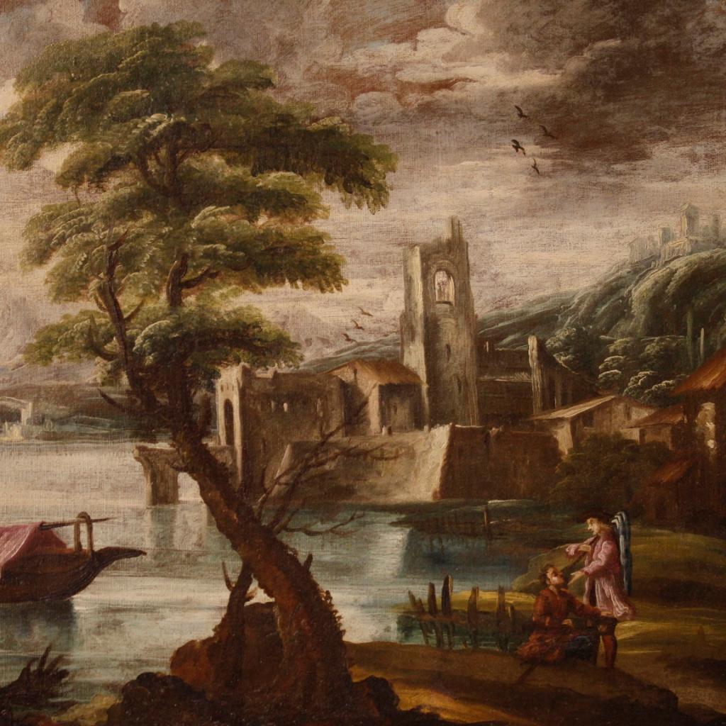 18th Century Oil on Canvas Italian Pair of Paintings Landscapes with Characters 5