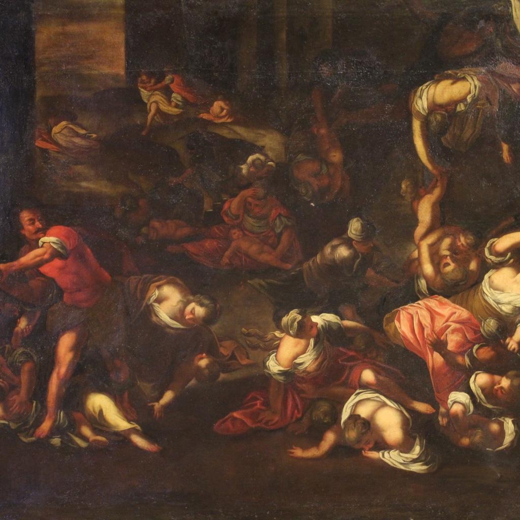 Antique Italian painting from 18th century. Framework oil on canvas, in the first canvas, depicting the biblical subject The massacre of the innocent, of excellent pictorial quality. Framework for antique dealers and collectors of beautiful size and