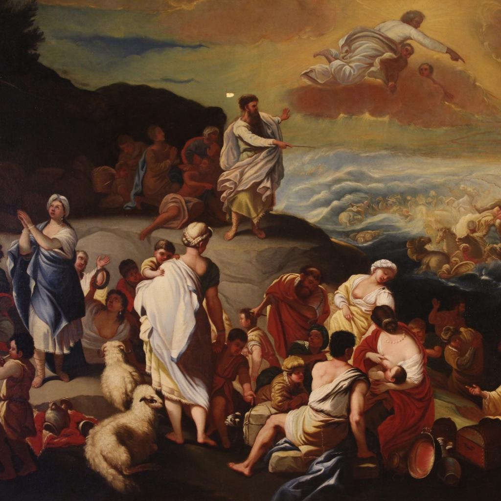 Great antique painting from 18th century. Italian framework oil on canvas depicting a religious subject of great strength and charm: the passage of the red sea occurred during the flight of the Jewish people from Egypt under the guidance of Moses,