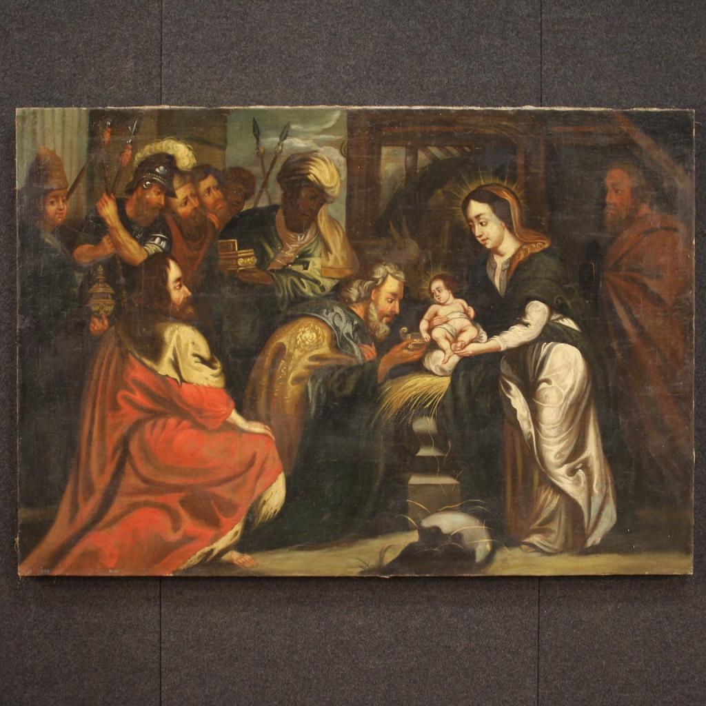 Ancient Italian painting from the 18th century. Framework oil on canvas depicting a religious subject Adoration of the Magi of good pictorial quality. Painting of great sige and impactful for antique dealers, interior decorators and collectors of