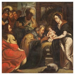18th Century Oil on Canvas Italian Religious Painting Adoration of Magi, 1750