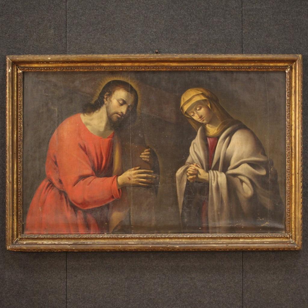 Ancient Italian painting from the first half of the 18th century. Framework oil on canvas, on the first canvas, depicting a religious subject Christ carrying the cross and Virgin of excellent pictorial quality. Frame in wood and plaster, not