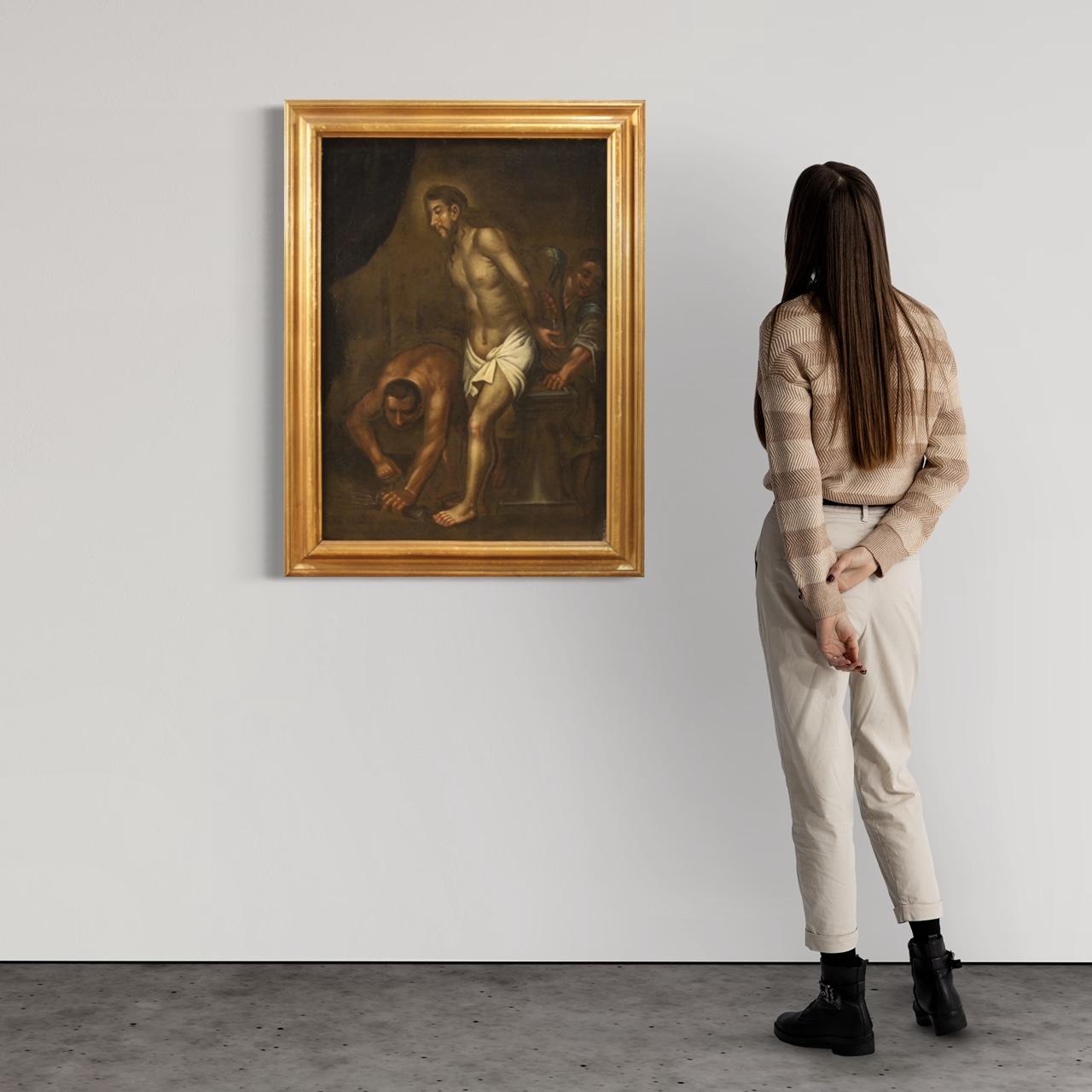 Peinture italienne ancienne du début du 18e siècle. Huile sur toile représentant un sujet religieux, le Christ à la colonne, de bonne qualité picturale. Peinture de belle taille et d'impact, pour antiquaires et collectionneurs d'art sacré ancien.