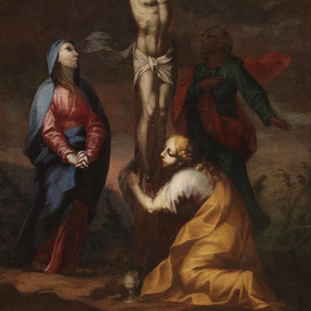 Oiled 18th Century Oil On Canvas Italian Religious Painting Crucifixion, 1740 For Sale