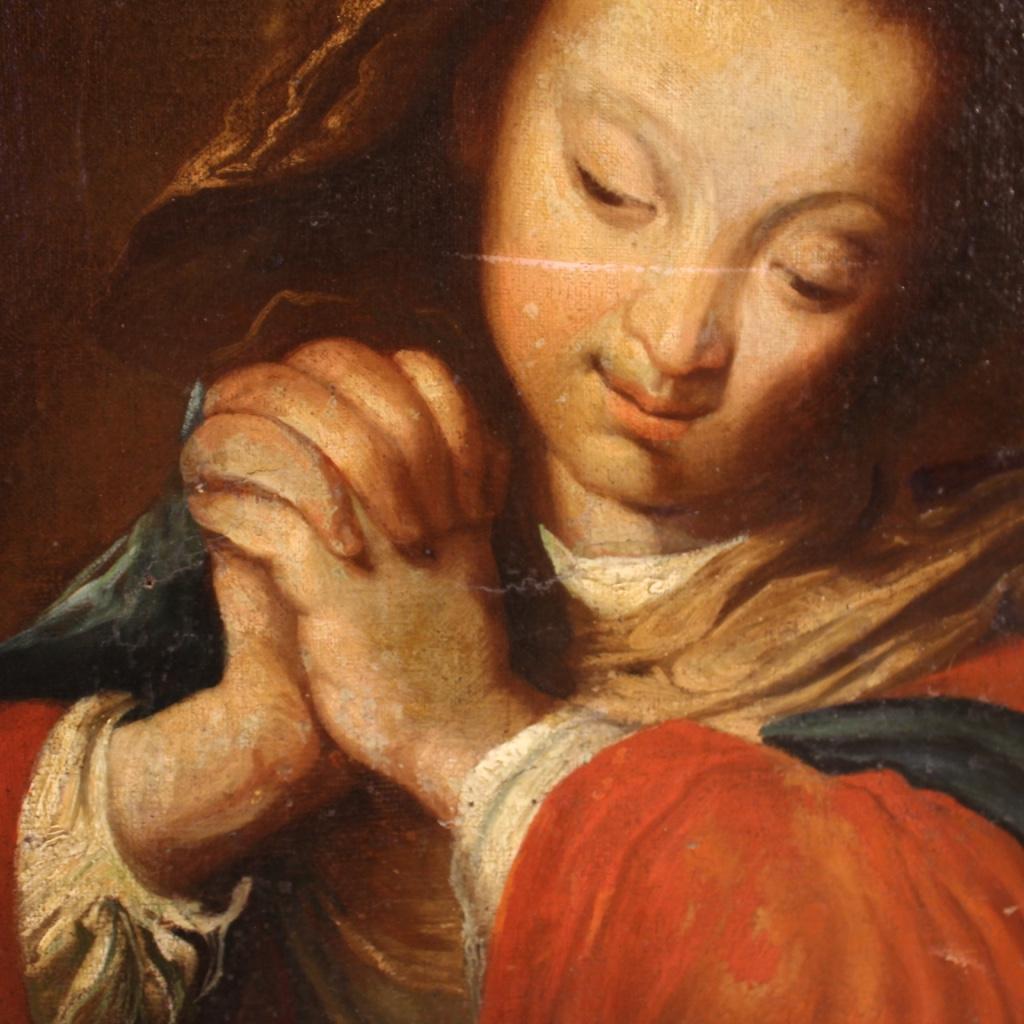 Plaster 18th Century Oil on Canvas Italian Religious Painting Depicting Virgin, 1700