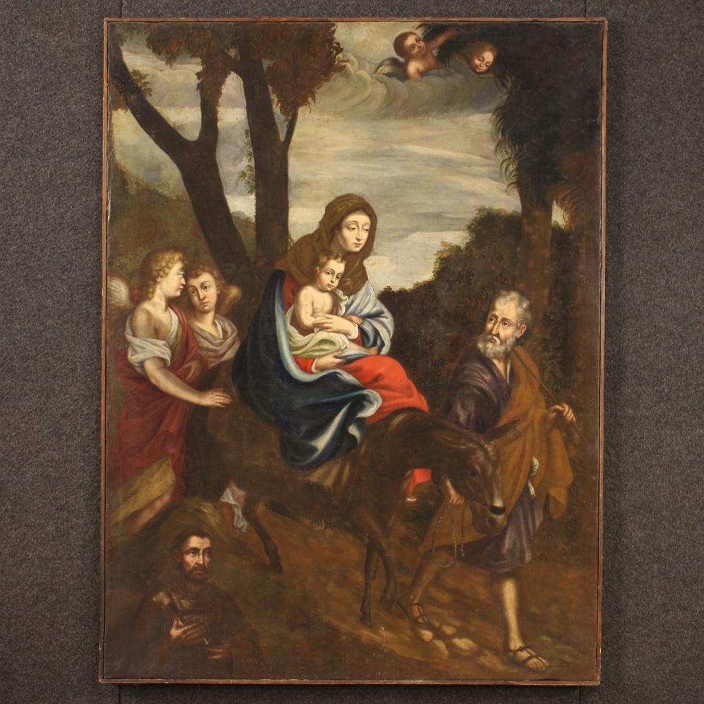 Ancient Italian painting from the 18th century. Oil on canvas framework depicting a religious subject Escape from Egypt of good pictorial quality. A beautifully sized and high impact painting for antique dealers, interior decorators and sacred art