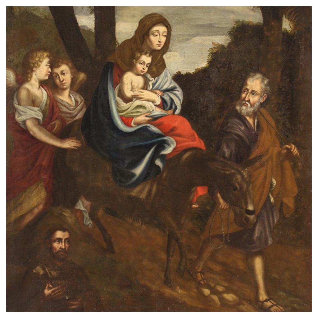 18th Century Oil on Canvas Italian Religious Painting Flight into Egypt, 1740