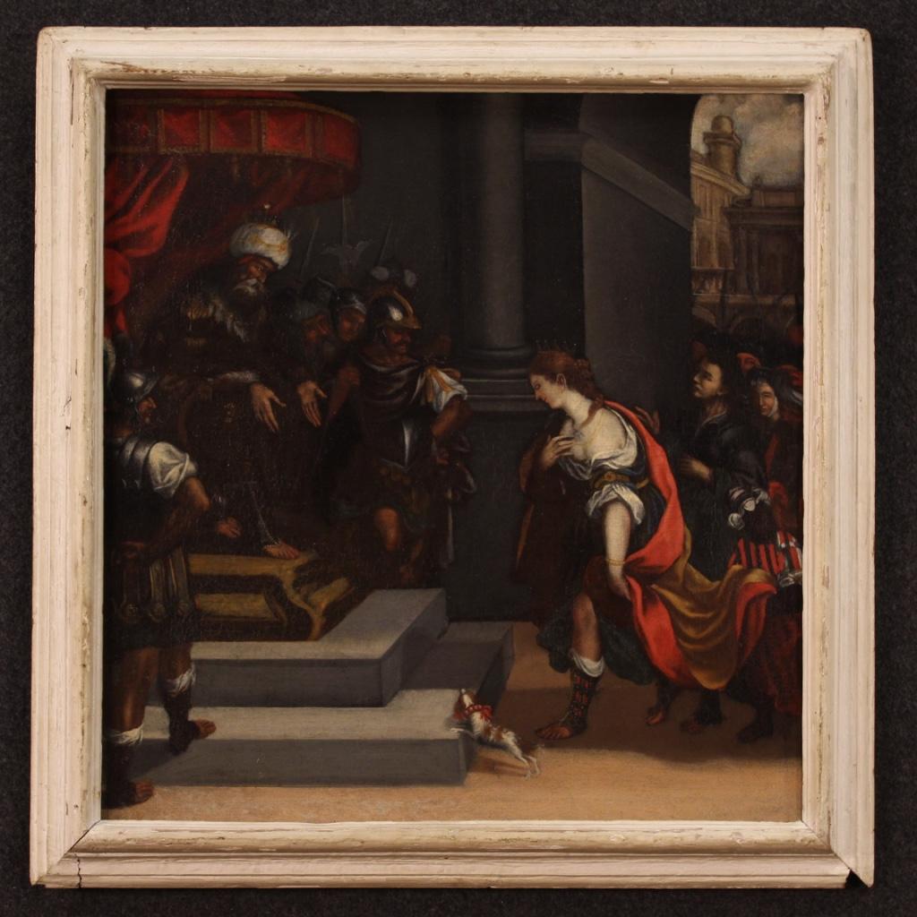 Ancient Italian painting from the second half of the 18th century. Framework oil on canvas depicting a biblical subject, Esther before Ahasuerus, of good pictorial quality. Small picture, for antique dealers, interior decorators and collectors of