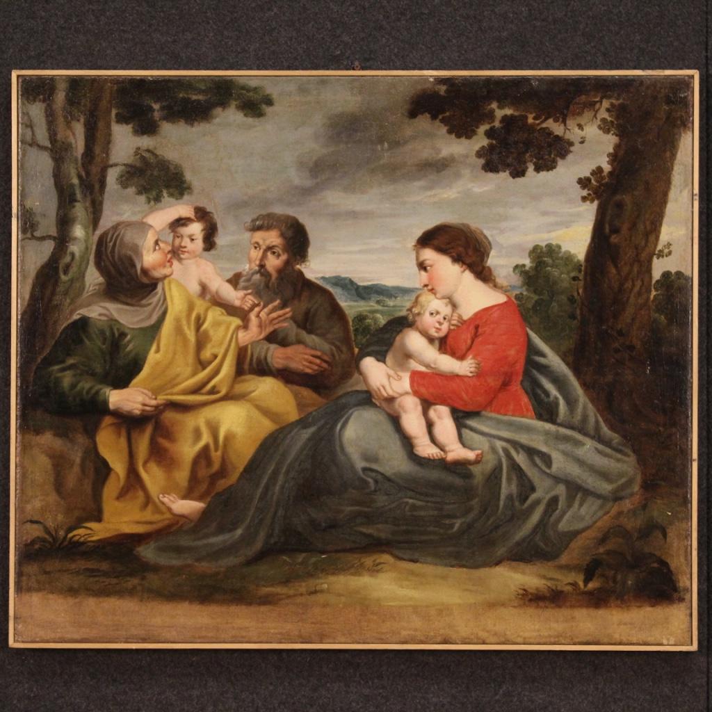 Ancient Italian painting from the first half of the 18th century. Framework oil on canvas depicting religious subject Holy Family, Saint John and Saint Anne of excellent pictorial quality. Painting of nice size and pleasant impact, for antique