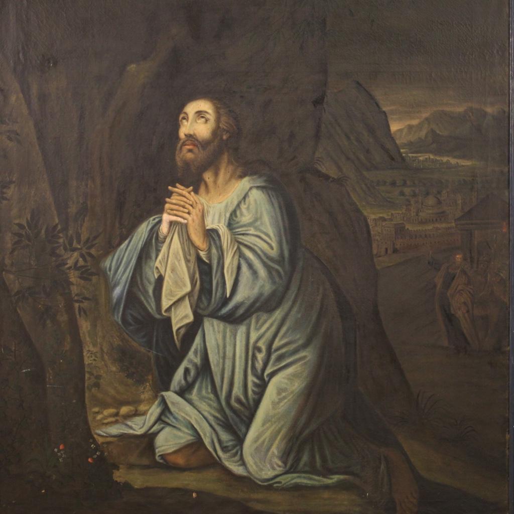 Ancient Italian altarpiece from the second half of the 18th century. Framework oil on canvas depicting a religious subject Jesus in the Garden of Olives of good pictorial quality. Painting of exceptional size, for antique dealers, interior
