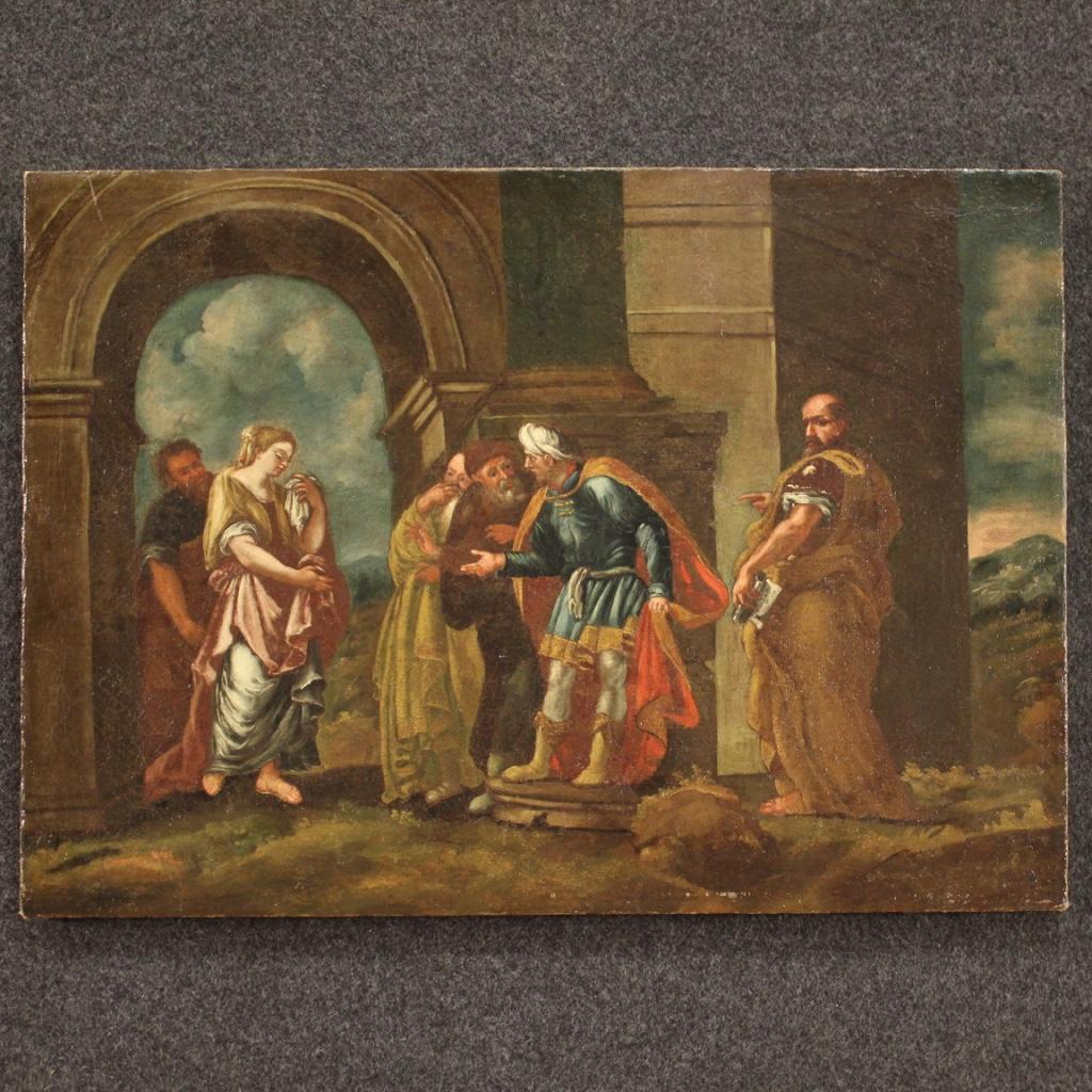 Ancient Italian painting from the 18th century. Framework oil on canvas depicting a religious subject Judgment of Susanna of good pictorial quality. Small painting, for antique dealers and collectors, lacking frame. Painting of good dynamism,