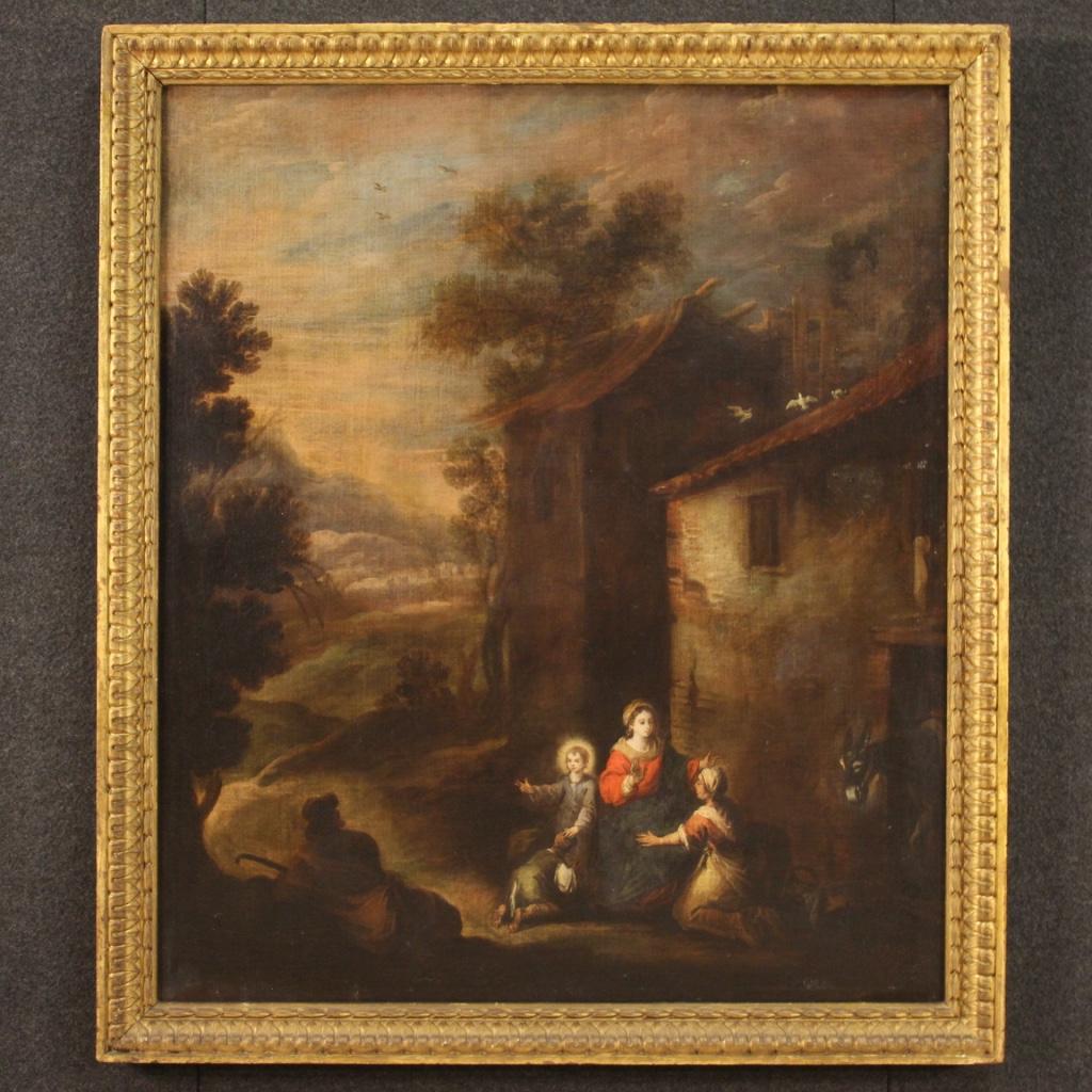 Ancient Italian painting from the first half of the 18th century. Framework oil on canvas depicting a view with elements of a religious nature, Madonna and Child Jesus blessing, with a good pictorial quality. Painting of great measure and impact,