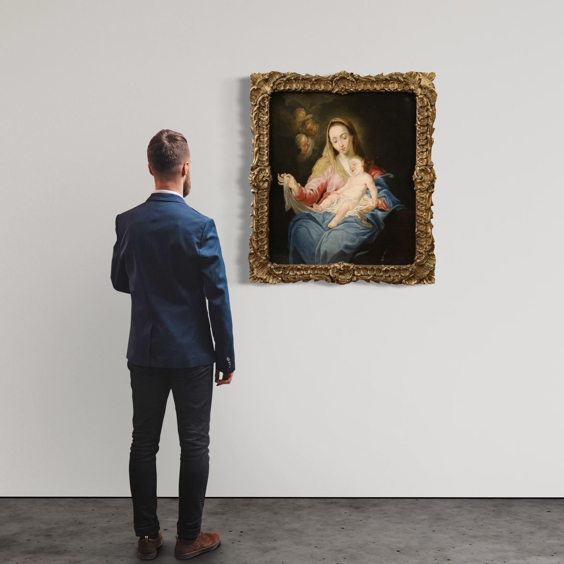 Splendid Italian painting from the 18th century. Oil painting on canvas depicting a wonderful Madonna with sleeping child, of remarkable pictorial quality. For the delicacy of the complexions, the calibrated use of chiaroscuro and the presence of