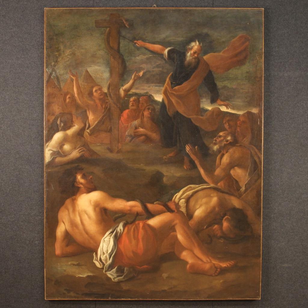 Ancient Italian painting from the first half of the 18th century. Oil on canvas framework of exceptional size and quality depicting the biblical subject Moses and the copper serpent. Painting with a refined subject, full of characters and