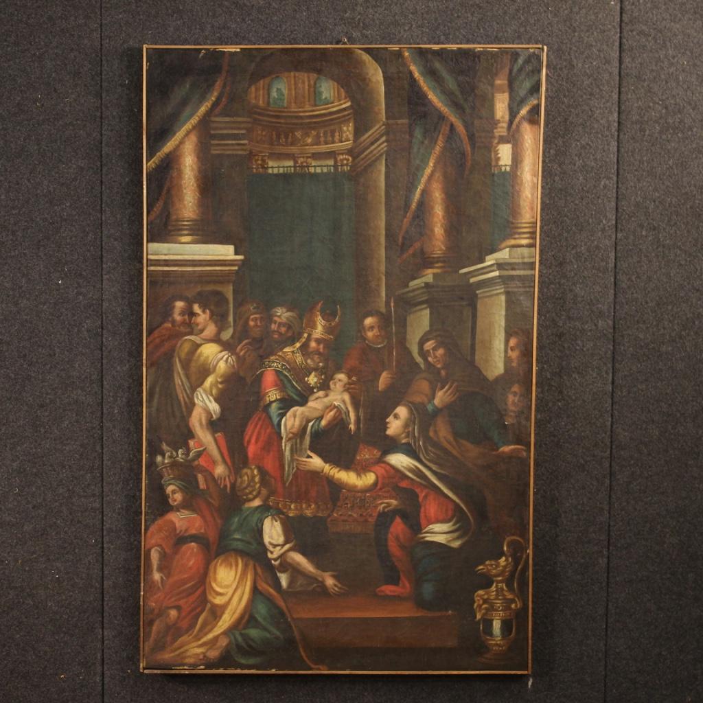 Italian painting from 18th century. Oil painting on canvas depicting a subject of sacred art Presentation in the Temple of good pictorial quality. Framework of beautiful measure and impact, for antique dealers and collectors. Painting that has