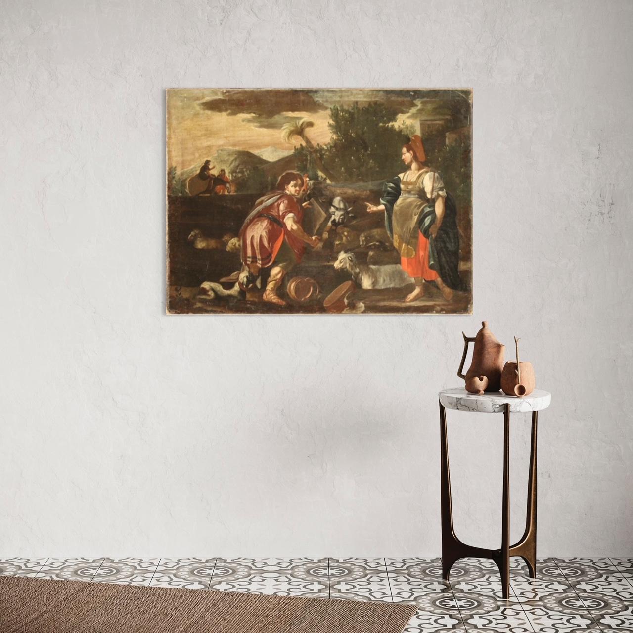 Ancient Italian painting from the 18th century. Framework oil on canvas depicting biblical subject Rachel and Jacob at the well of good pictorial quality. Painting of pleasant decor rich in decorative elements, characters and animals, for antique