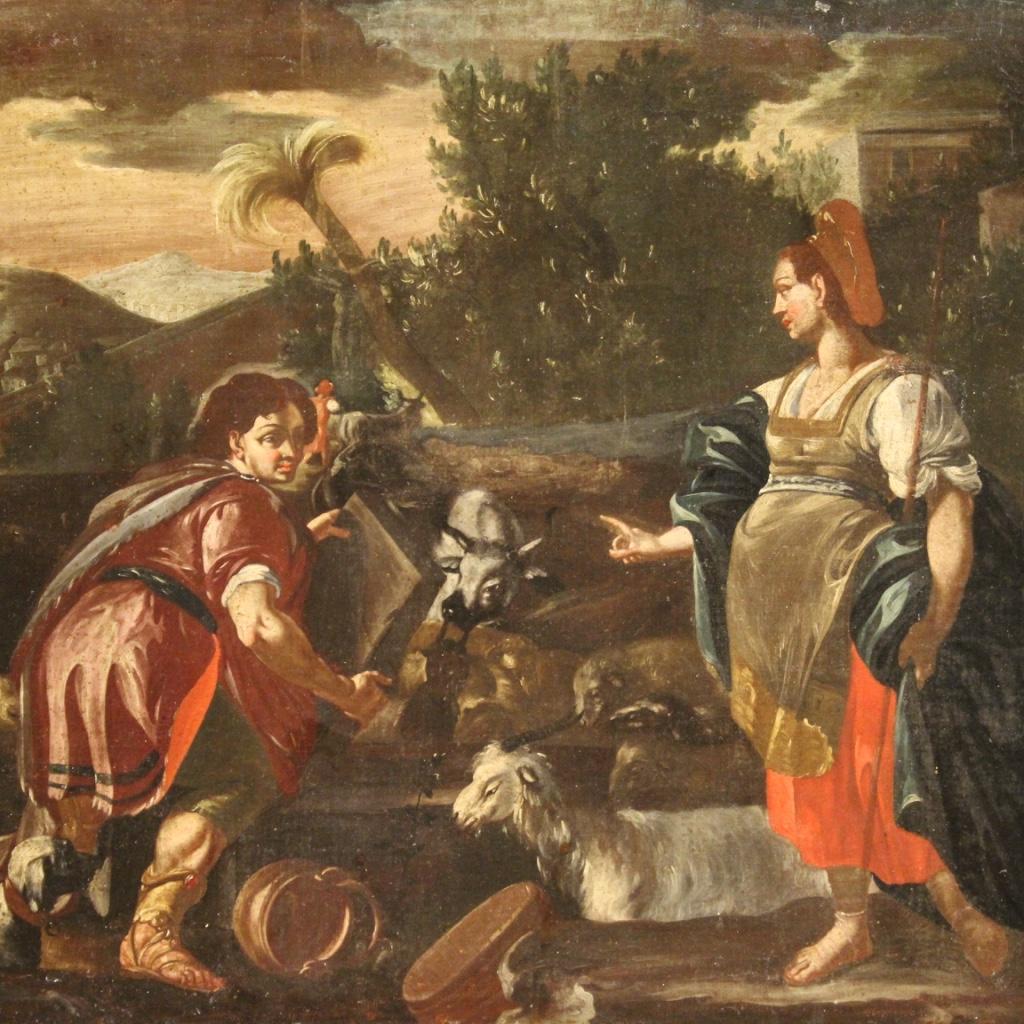 Oiled 18th Century Oil on Canvas Italian Religious Painting Rachel and Jacob, 1720