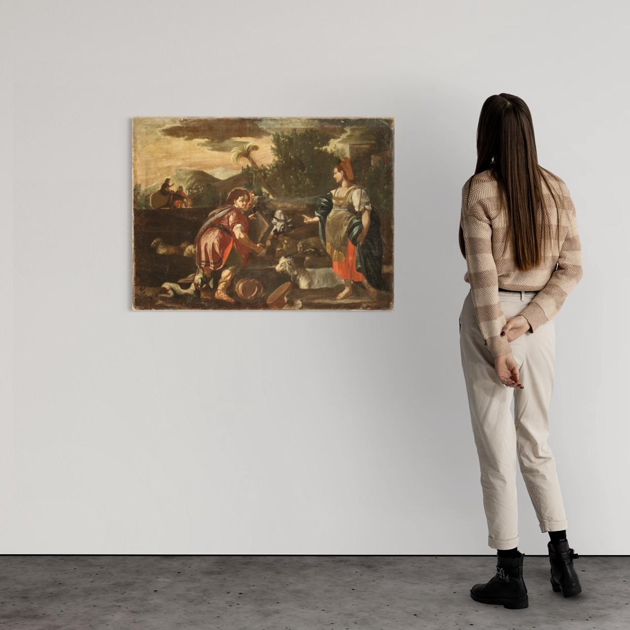 18th Century Oil on Canvas Italian Religious Painting Rachel and Jacob, 1720 In Good Condition In Vicoforte, Piedmont