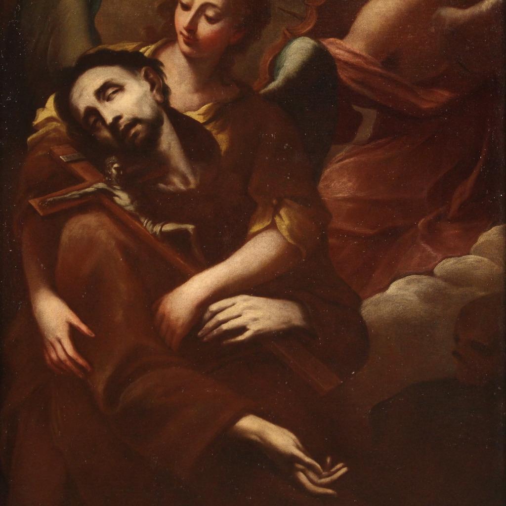 18th Century Oil on Canvas Italian Religious Painting Saint Francis in Ecstasy In Good Condition In Vicoforte, Piedmont