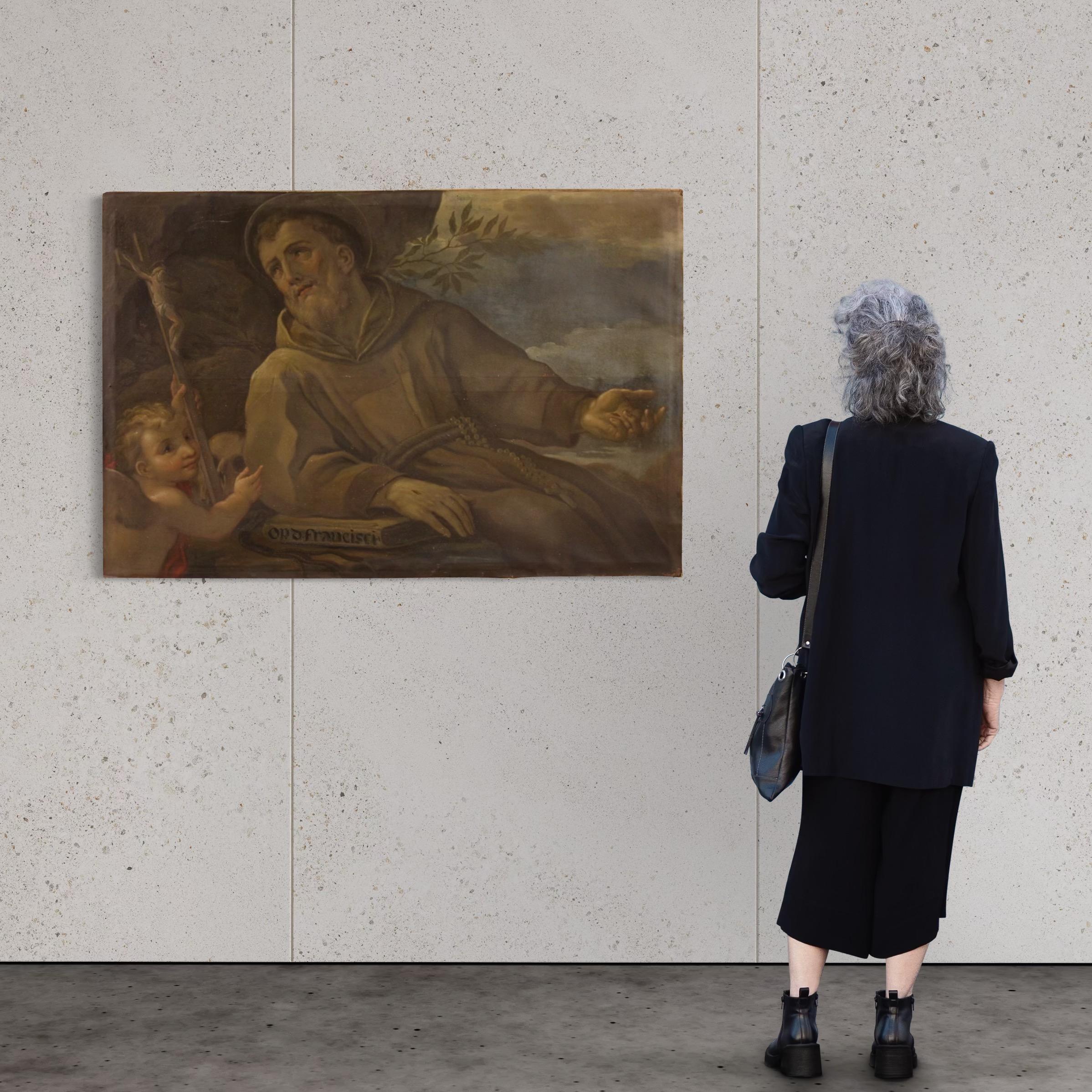 Großes italienisches Gemälde aus der zweiten Hälfte des 18. Jahrhunderts. Gemälde in Öl auf Leinwand, auf der ersten Leinwand, das den Heiligen Franz von Assisi in Ekstase darstellt. Der Heilige wird von einem prächtigen Engel begleitet, der ein