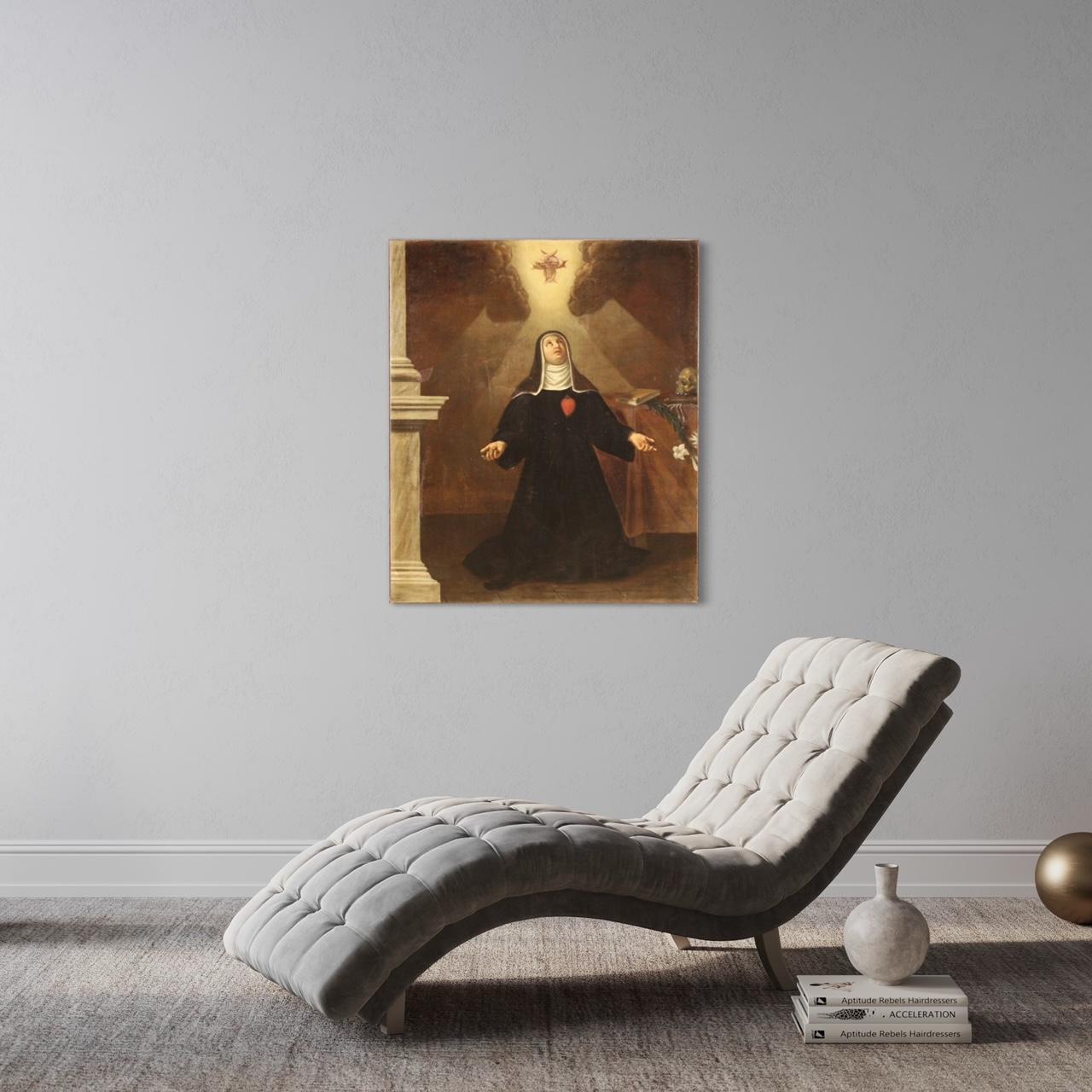 Ancient Italian painting from the 18th century. Framework oil on canvas depicting a religious subject Saint (under study) in ecstasy, with lily and skull, of good pictorial quality. Painting of great measure and impact, for antique dealers, interior