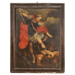 Antique 18th Century Oil on Canvas Italian Religious Painting Saint Michael, 1730