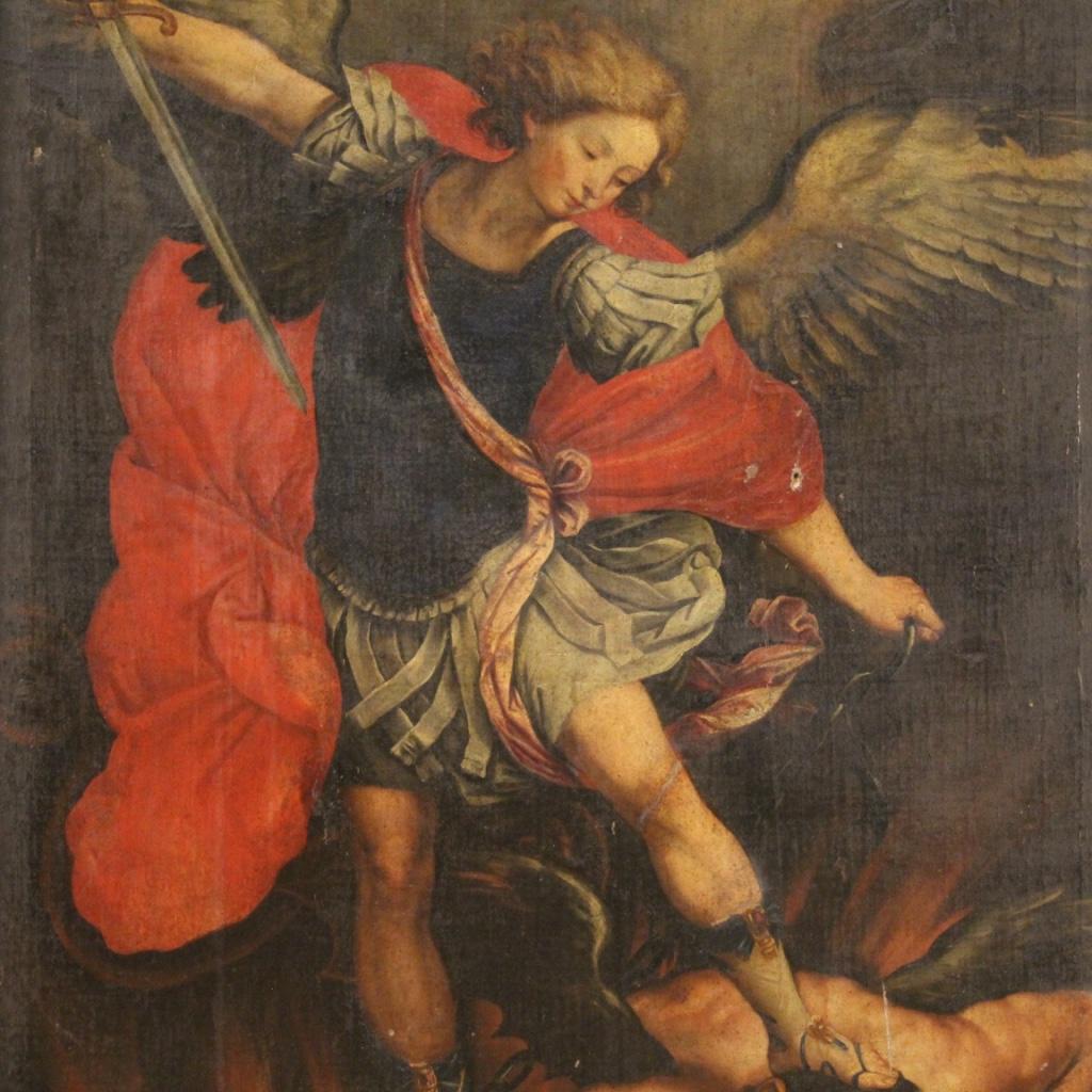 Ancient Italian painting from the first half of the 18th century. Framework oil on canvas depicting the religious subject of Saint Michael the Archangel of excellent pictorial quality. Painting of great measure and impact, for antique dealers,