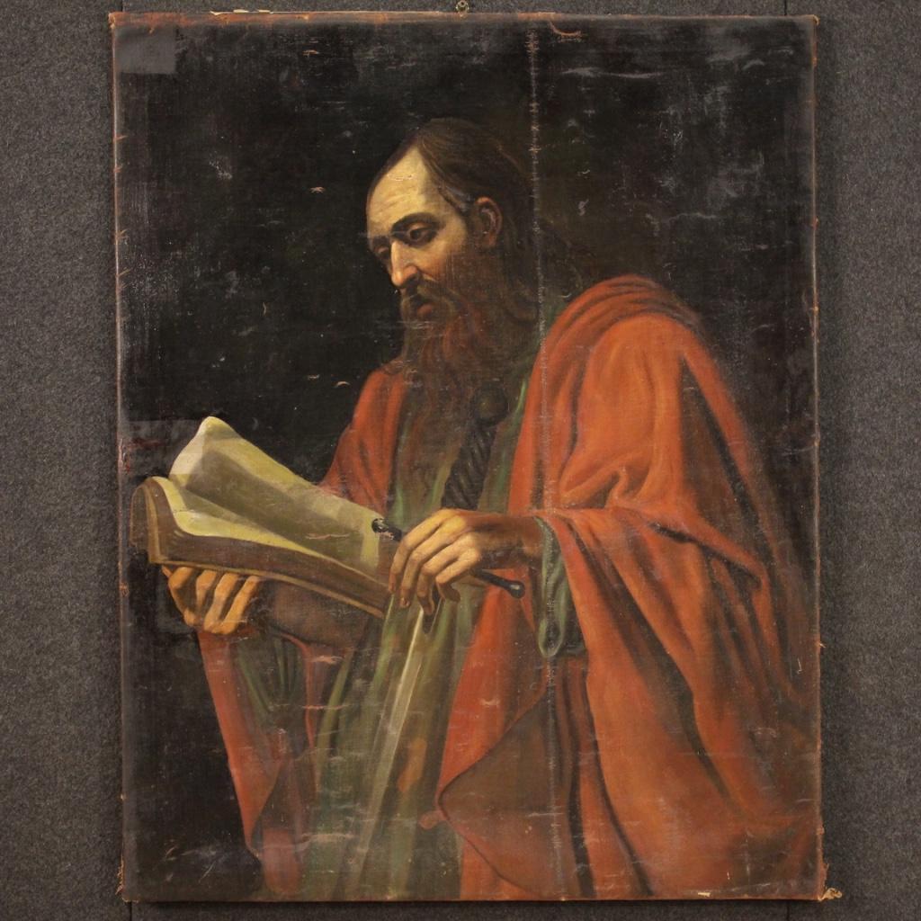 Ancient Italian painting from the 18th century. Framework oil on canvas, on the first canvas, depicting a religious subject Saint Paul of good pictorial quality. Seventeenth-century setting, with a dark background, characterized by bright colors of