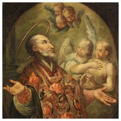18th Century Oil on Canvas Italian Religious Painting Saint with Angels, 1770