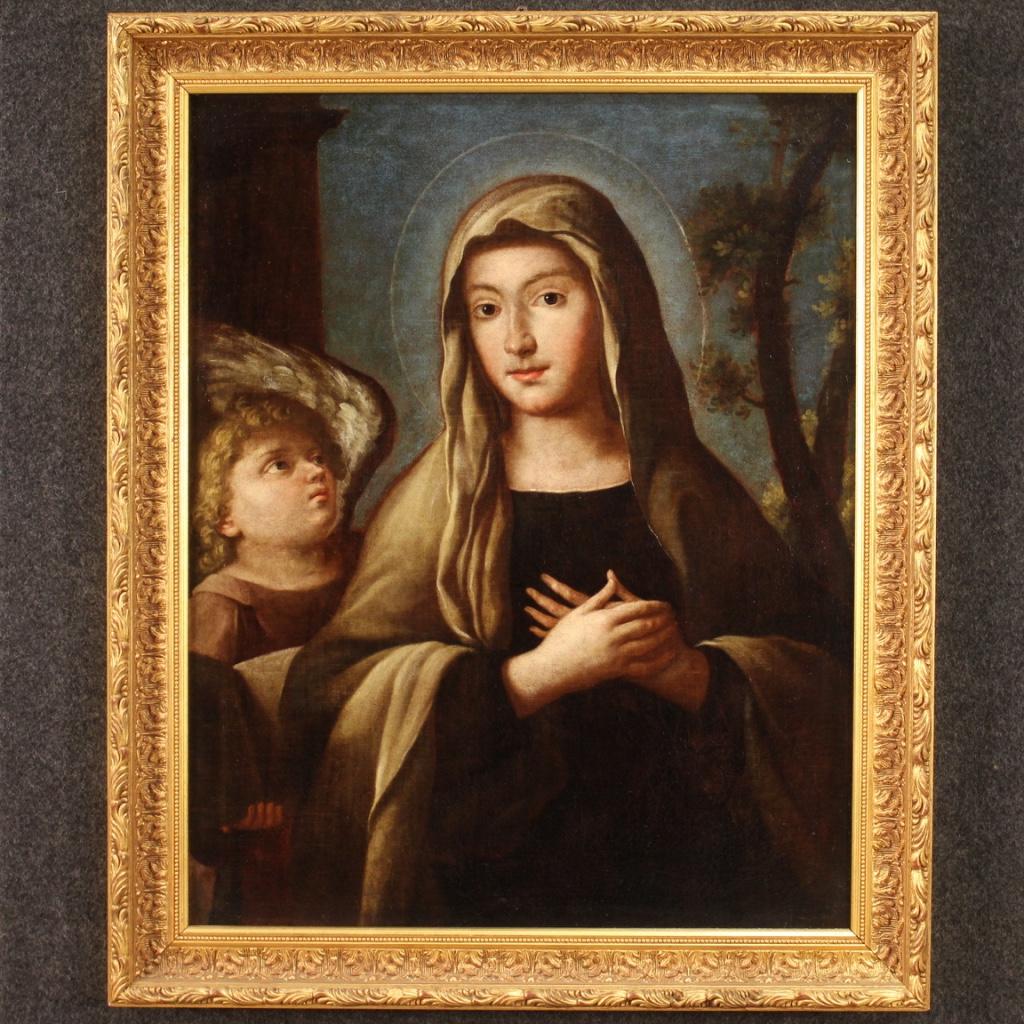 Ancient Italian painting from the 18th century. Framework oil on canvas of the Roman school depicting a religious subject Santa Francesca Romana with angel of excellent pictorial quality. Beautifully sized and pleasantly decor painting with a modern