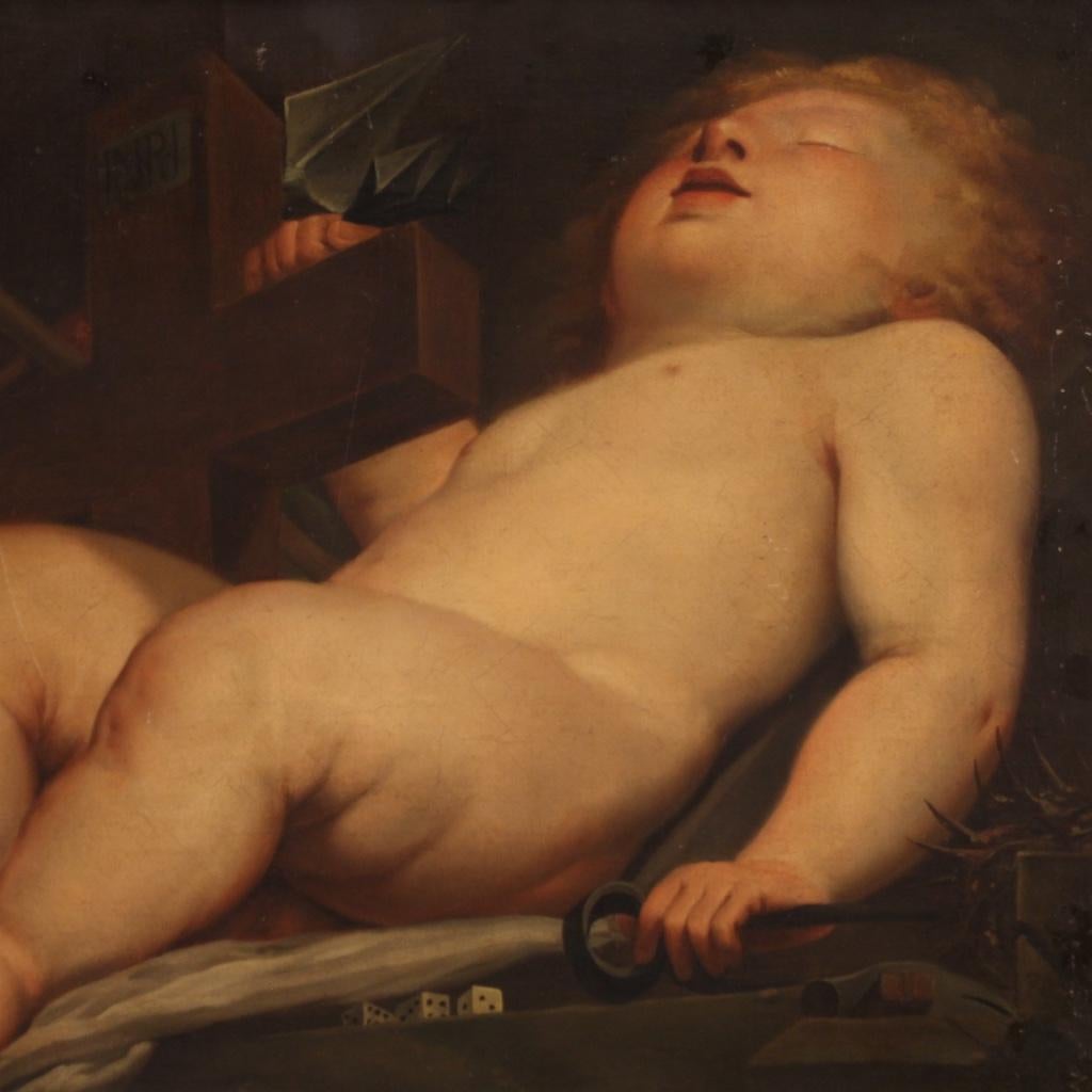 18th Century Oil on Canvas Italian Religious Painting Sleeping Child, 1760 In Good Condition In Vicoforte, Piedmont