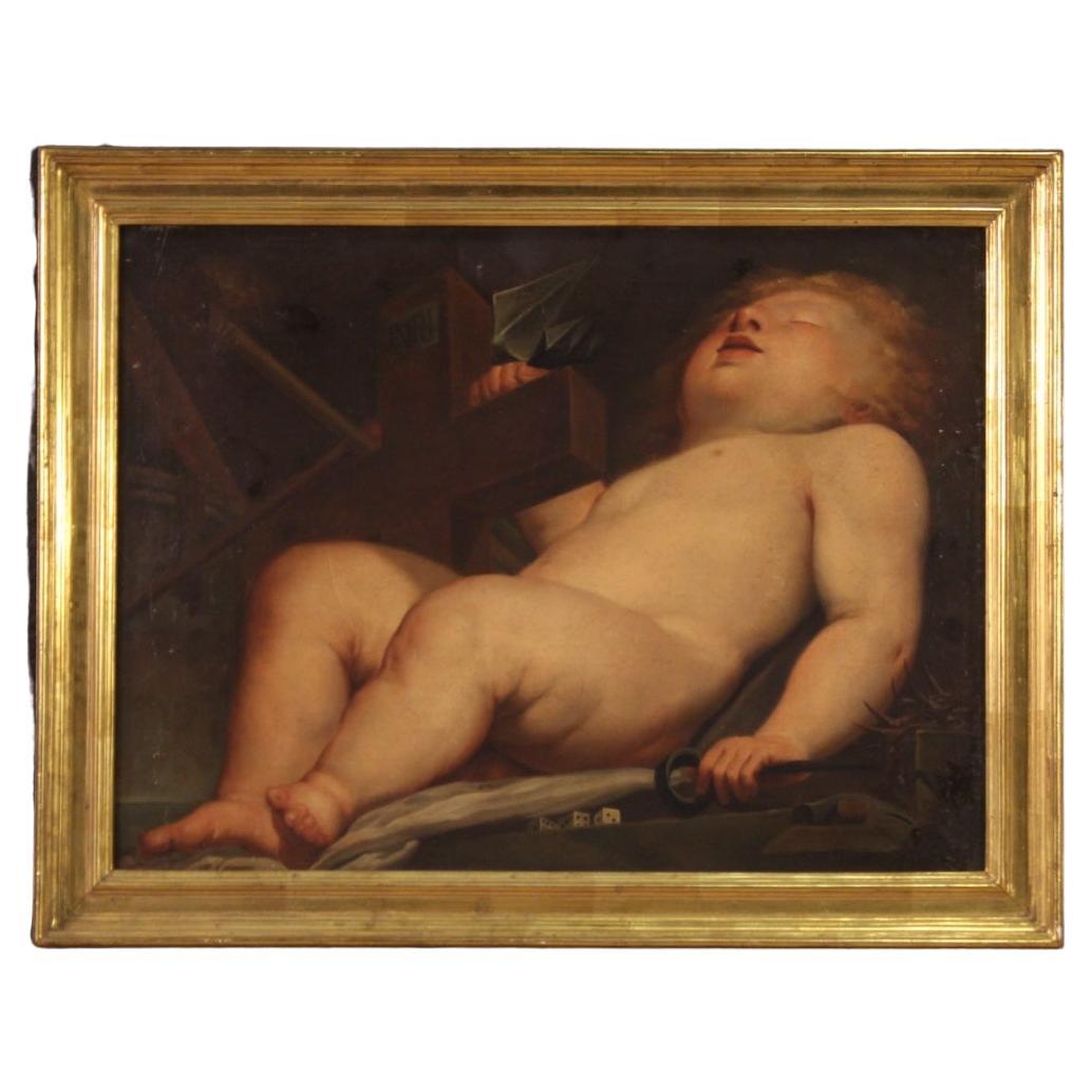 18th Century Oil on Canvas Italian Religious Painting Sleeping Child, 1760