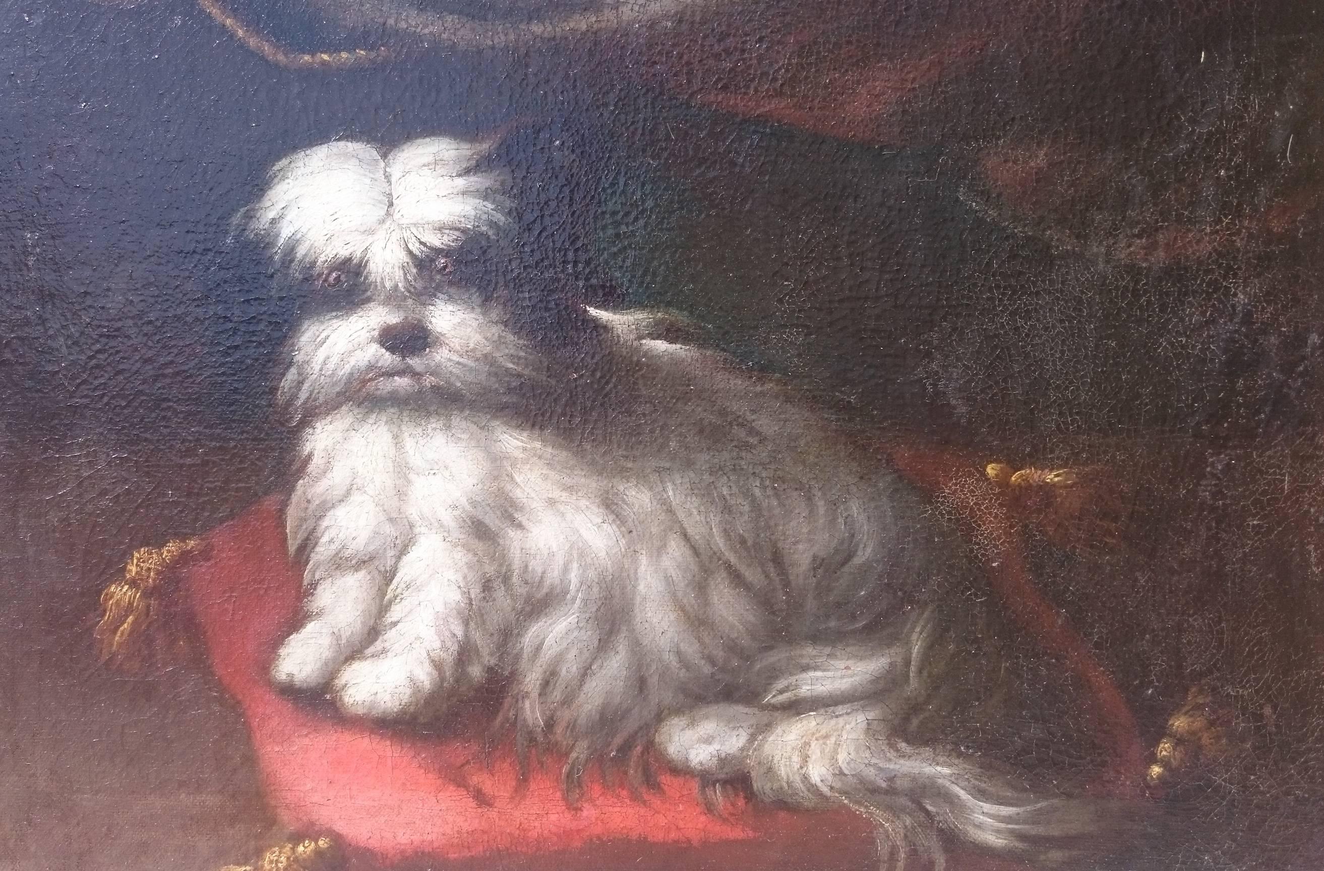 18th Century Oil on Canvas Italian School Painting of a Dog on a Red Cushion In Excellent Condition For Sale In Gloucestershire, GB