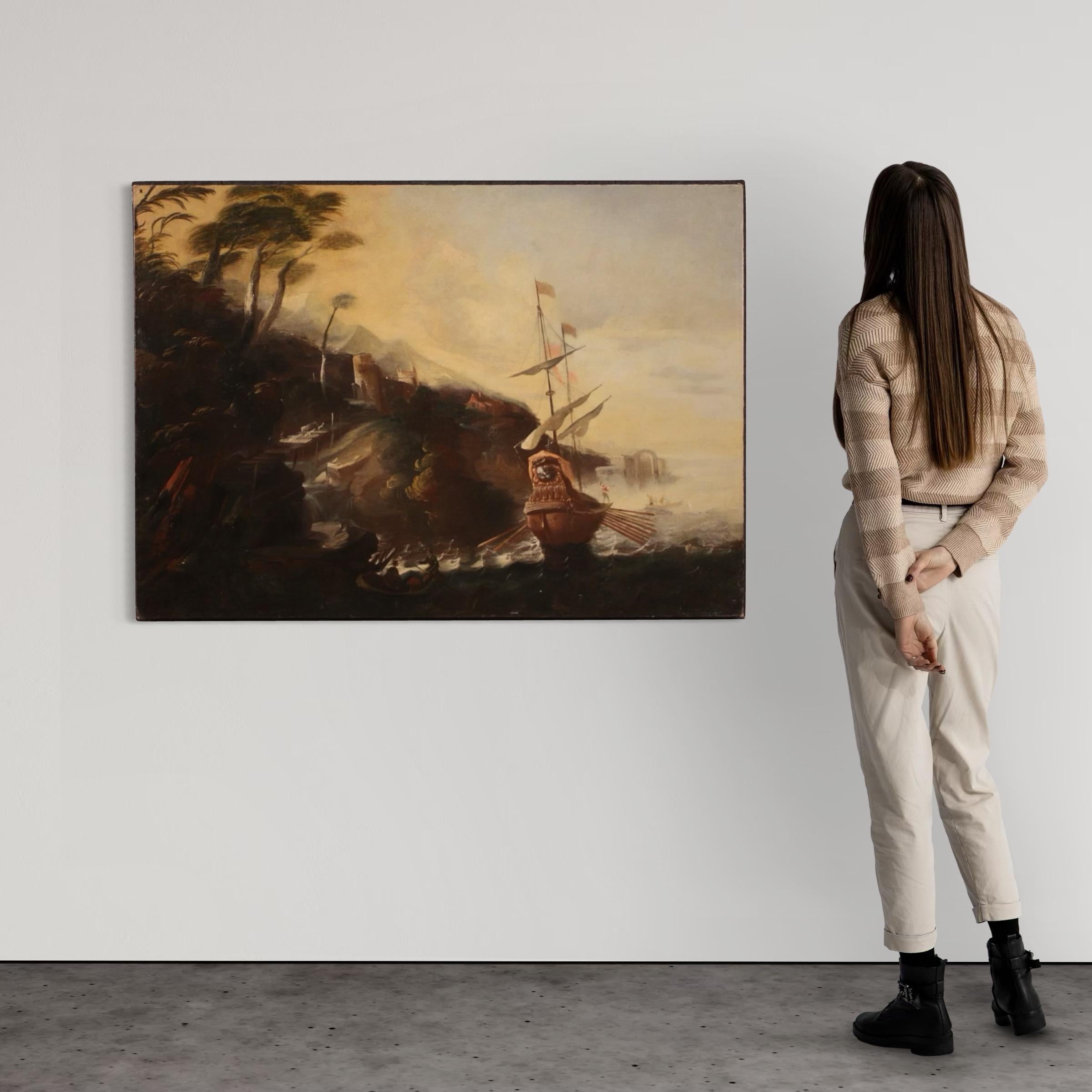 Great Italian seascape painting from the first half of the 18th century. Oil on canvas artwork depicting a wonderful landscape with a stormy sea, of remarkable pictorial quality. Painting rich in minute details and a refined chromatic palette that