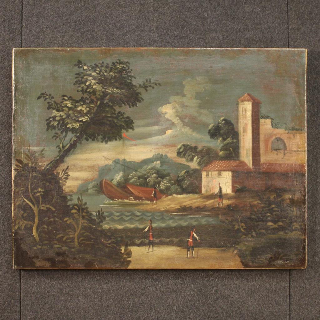 Ancient Italian painting from the 18th century. Oil on canvas famework depicting a seascape with characters and architectures of good pictorial quality. Nice size painting and pleasantly decor for antique dealers, interior decorators and collectors